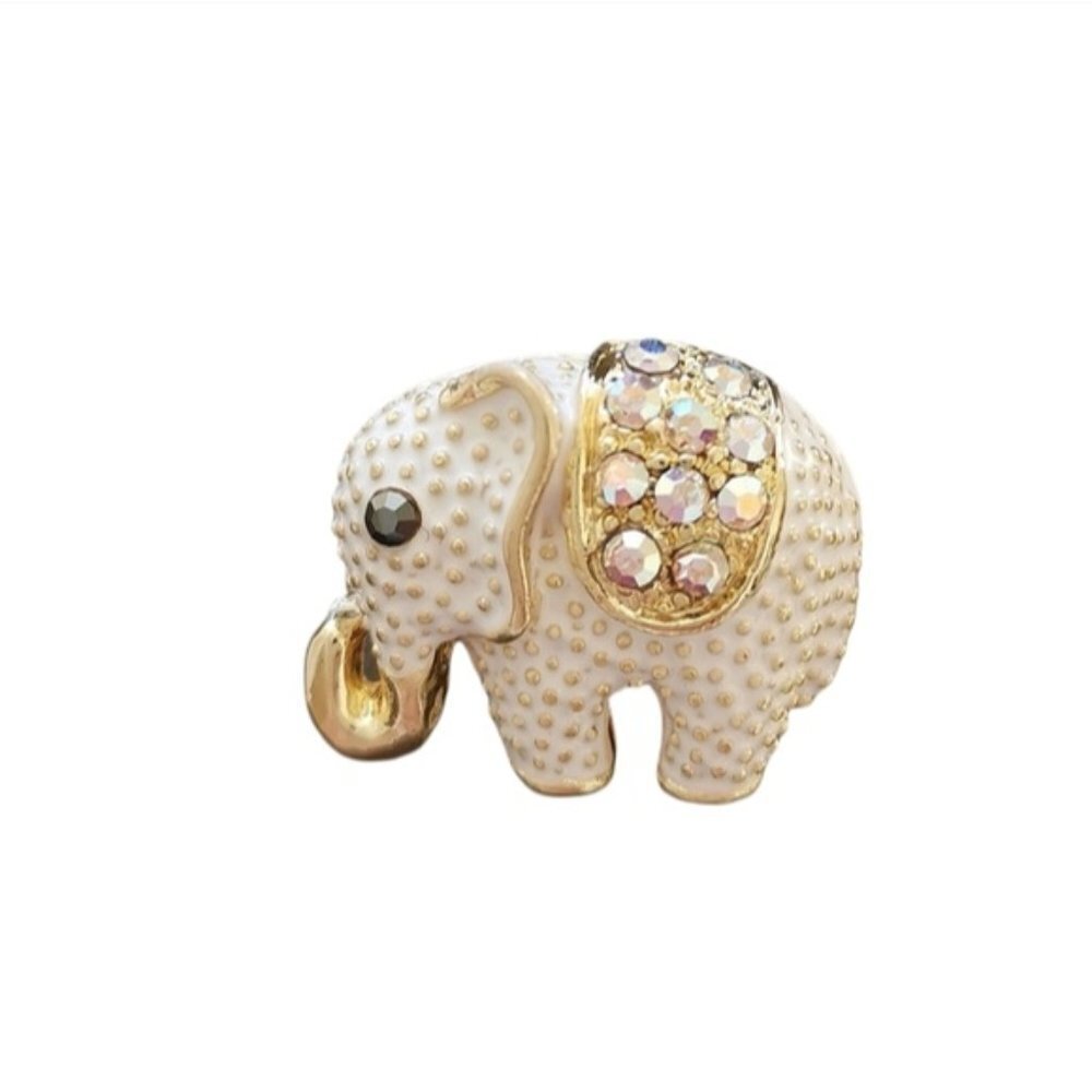 New, Elephant Brooch Pin Crystal Cream Enamel